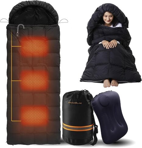 Graphene Heated Sleeping Bag with 3 Heating Levels, Waterproof Lightweight with Pillow and Compression Sack for Camping Hiking Backpacking Cold Weather in Saudi Arabia