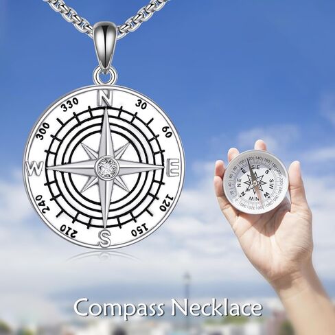 Compass Necklace Sterling Silver Compass Pendant Necklace Travel Jewelry Graduation Gifts for Her Women Men in Kuwait