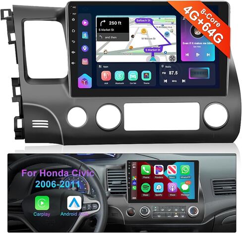 ستيريو سيارة 8Core 4G 64G لراديو Honda Civic 2006-2011 مع شاشة لمس 10.1 بوصة HD IPS مع WiFi/4G DSP/Hi-Res 46EQ Wireless CarPlay Android Auto GPS AM/FM/RDS راديو 5.0 كاميرا احتياطية بلوتوث in Saudi Arabia