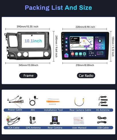 ستيريو سيارة 8Core 4G 64G لراديو Honda Civic 2006-2011 مع شاشة لمس 10.1 بوصة HD IPS مع WiFi/4G DSP/Hi-Res 46EQ Wireless CarPlay Android Auto GPS AM/FM/RDS راديو 5.0 كاميرا احتياطية بلوتوث in Saudi Arabia