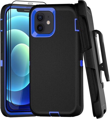 for iPhone 12 Case with Belt Clip and 2 Pack Screen Protector - Military Grade Rugged Full Body Phone Case (Black+Blue)… in Saudi Arabia