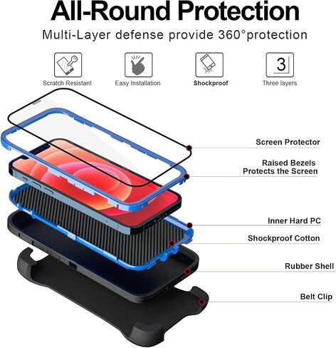 for iPhone 12 Case with Belt Clip and 2 Pack Screen Protector - Military Grade Rugged Full Body Phone Case (Black+Blue)… in Saudi Arabia