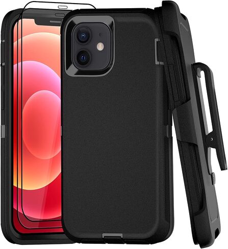 for iPhone 12 Case with Belt Clip and 2 Pack Screen Protector - Military Grade Rugged Full Body Phone Case (Black+Blue)… in Saudi Arabia