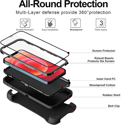 for iPhone 12 Case with Belt Clip and 2 Pack Screen Protector - Military Grade Rugged Full Body Phone Case (Black+Blue)… in Saudi Arabia
