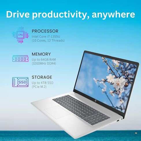كمبيوتر محمول HP مقاس 17.3 بوصة i7 Business، شاشة لمس HD+، Intel Core i7-1355U، ذاكرة وصول عشوائي 64 جيجابايت، 2 تيرابايت SSD، لوحة مفاتيح بإضاءة خلفية، قارئ بصمات الأصابع، HDMI، Wi-Fi 6، W11P، فضي، مع حزمة SSD خارجية ADATA 512 جيجابايت in Saudi Arabia