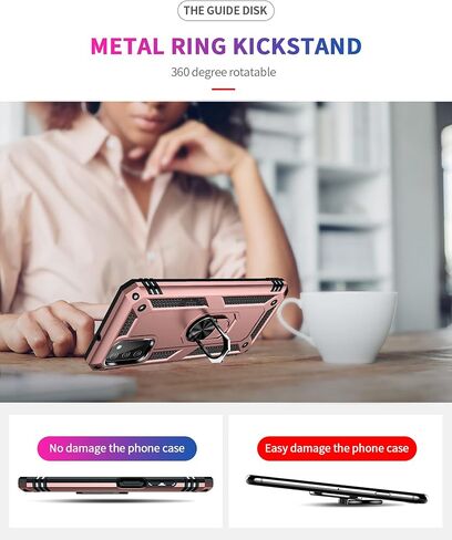 Military Grade Drop Impact for Samsung Galaxy A03S Case 360 Metal Rotating Ring Kickstand Holder Armor Heavy Duty Shockproof Case for Galaxy A03S Phone Case (Rose Gold) in Saudi Arabia