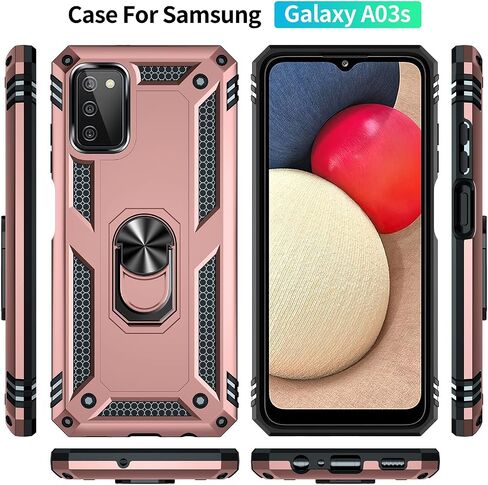 Military Grade Drop Impact for Samsung Galaxy A03S Case 360 Metal Rotating Ring Kickstand Holder Armor Heavy Duty Shockproof Case for Galaxy A03S Phone Case (Rose Gold) in Saudi Arabia