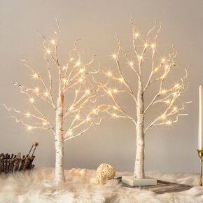 Vanthylit Easter Decorations, White Birch Tree with LED Lights - Set of 4, Warm White Easter Tree, Battery Powered Timer Lighted Tree for Home Wedding Indoor Outdoor Decor (2FT, 24LED)