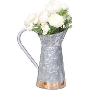 MyGift Galvanized Silver Metal Vase for Table, Rustic Farmhouse Flower Bucket with Mango Wood Handle - Handcrafted in India