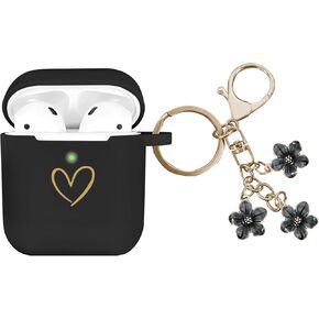Compatible with AirPods Case Cover, Soft Silicone Case with Gold Heart Pattern for AirPods 2&1 Generation Case with Cute Cherry Blossoms Keychain for Girls Women (Purple)