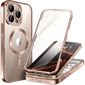 BERFY Magnetic for iPhone 16 Pro Max Case 6.9", [Compatible with Magsafe] Built-in Tempered Glass Screen Protector & Upgraded Camera Protection, Full-Body Plating Phone Case for 16 ProMax, Desert Gold