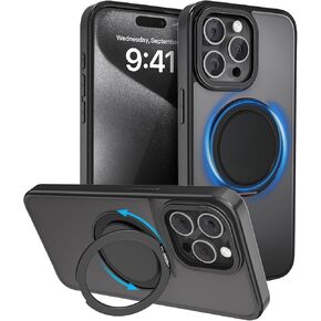 MAXCURY 360° Ring Stand Magnetic for iPhone 15 Pro Max Case, [Anti-Fingerprint] [Military Drop Protection] [Compatible with MagSafe] Soft Edge Translucent Slim Back 15 ProMax Phone Case (Purple)