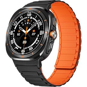 Magnetic Watch Band Compatible with 2024 Samsung Galaxy Watch 7 Ultra 47mm, Rugged Sport Silicone Wristband Strong Magnet Link Stanless Steel Connectors for Men Women