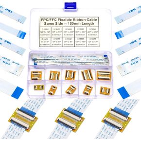 Flexible Flat Ribbon Cable Connectors Assortment Kit, 0.5mm A Type FFC FPC Connector Flat Cable Socket 4P 6P 8P 10P 12P 14P 16P 20P 30P 40P with Length of 150mm Cable (TC-0.5mm-A)