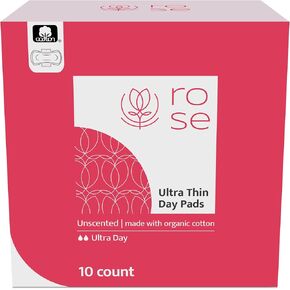 ROSE Organic Cotton Day Pads | Ultra Thin Pads with Wings | Perfect Absorbency | Ultra-Absorbent Sanitary Pads for Women | Hypoallergenic 100% Organic Cotton Core and Top Sheet 10 Count