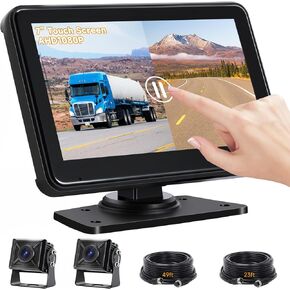 7'' Dual Cameras Backup Camera System with Touch Monitor, Colorful Night Vision& IP68 Rated &10G Vibration Wired Rearview Back up Camera Systems for Trucks/RVs/Trailers/Vans/Tractor.