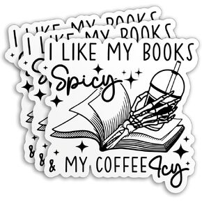 (3Pcs) I Like My Books Spicy and My Coffee ICY Sticker Funny Skeleton Book Lover Iced Coffee Bookish Reader 2" Waterproof Die-Cut Vinyl Sticker for Laptop Kindle Sticker Decal Gifts for Her 2 Inches