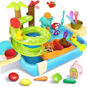 Play Sink with Running Water, 4-in-1 Kitchen Sink Toy with Upgraded Water Slide Track, Magnetic Fishing Game Pool Floating Toys for Water Play, Pretend Play Dishwasher for Kids and Toddlers 3-8 Years