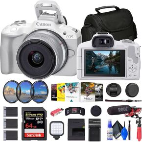 كاميرا Canon EOS R50 بدون مرآة مع عدسة مقاس 18-45 مم (أبيض) (5812C012) + Rode VideoMic + بطاقة 64 جيجابايت + طقم مرشح + برنامج Corel للصور + حقيبة + شاحن + 2 بطارية LPE17 + قارئ بطاقات + المزيد (متجددة) in Saudi Arabia