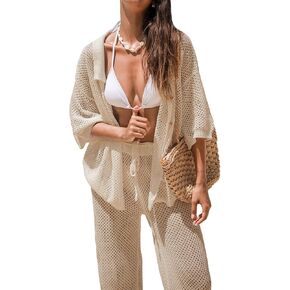 CUPSHE Women's Crochet Cover Up Set Button Down Hollow Out Top Long Net Pant 2 Piece Beachwear