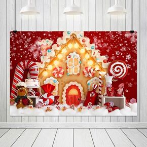 8x6ft Christmas Candy House Backdrop Christmas House Cabin Cookies Lollipops Candy Snowflake Background Baby Shower Birthday Cake Table Decoration Banner