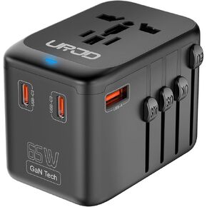 Universal Travel Adapter - GaN 65W Fast Charger - 3 USB C & 1 USB A Ports & AC Outlets International Power Adapter - High Power Worldwide Travel Plug Adaptor for Europe UK US AUS (Type C/G/A/I)