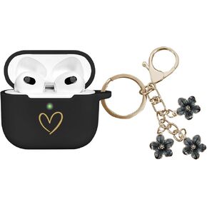 Compatible with AirPods 3 Case Cover 2021, Soft Silicone Case with Gold Heart Pattern for AirPods 3rd Generation Case with Cute Cherry Blossoms Keychain for Girls Women (Pink)