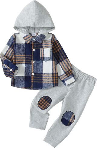 Toddler Baby Boy Clothes Long Sleeve Hoodie Outfits Plaid Flannel Shirt Top Sweatpants Fall Winter Clothing in Saudi Arabia