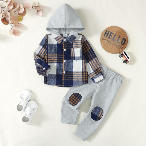 Toddler Baby Boy Clothes Long Sleeve Hoodie Outfits Plaid Flannel Shirt Top Sweatpants Fall Winter Clothing in Saudi Arabia