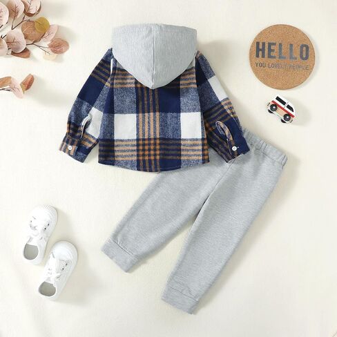 Toddler Baby Boy Clothes Long Sleeve Hoodie Outfits Plaid Flannel Shirt Top Sweatpants Fall Winter Clothing in Saudi Arabia