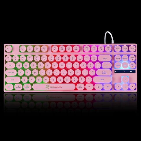 Wired Retro Punk Gaming Keyboard with Rainbow Backlit, 87 Keys Cute Keyboard, USB Wired Keyboard,Round Keycaps for Laptop, PS4, Xbox, PC Gaming and Work-Pink in Saudi Arabia