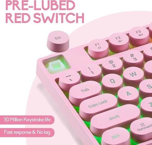 Wired Retro Punk Gaming Keyboard with Rainbow Backlit, 87 Keys Cute Keyboard, USB Wired Keyboard,Round Keycaps for Laptop, PS4, Xbox, PC Gaming and Work-Pink in Saudi Arabia