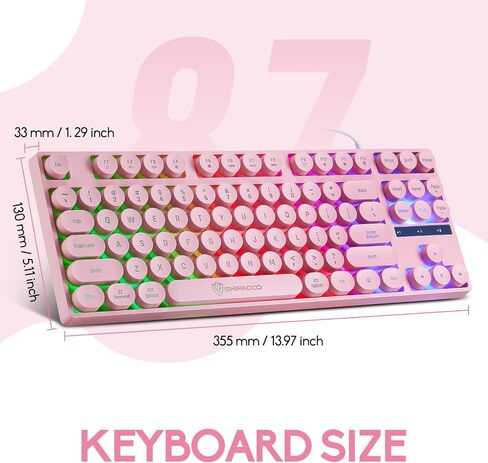 Wired Retro Punk Gaming Keyboard with Rainbow Backlit, 87 Keys Cute Keyboard, USB Wired Keyboard,Round Keycaps for Laptop, PS4, Xbox, PC Gaming and Work-Pink in Saudi Arabia