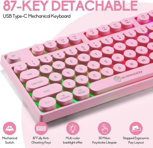 Wired Retro Punk Gaming Keyboard with Rainbow Backlit, 87 Keys Cute Keyboard, USB Wired Keyboard,Round Keycaps for Laptop, PS4, Xbox, PC Gaming and Work-Pink in Saudi Arabia