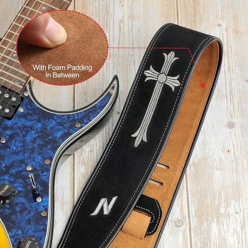 Nefelibata Guitar Strap with Vintage Rose Embroidery, 2.7" Wide Double Layer Bavarian Tumbled Cowhide Guitar Strap with Foam Padding for Kids, Male and Female Acoustic, Bass and Electric Guitars in Saudi Arabia