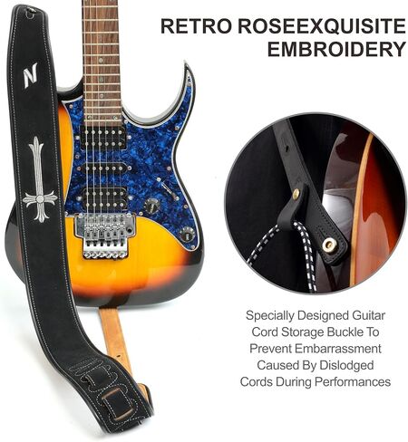 Nefelibata Guitar Strap with Vintage Rose Embroidery, 2.7" Wide Double Layer Bavarian Tumbled Cowhide Guitar Strap with Foam Padding for Kids, Male and Female Acoustic, Bass and Electric Guitars in Saudi Arabia
