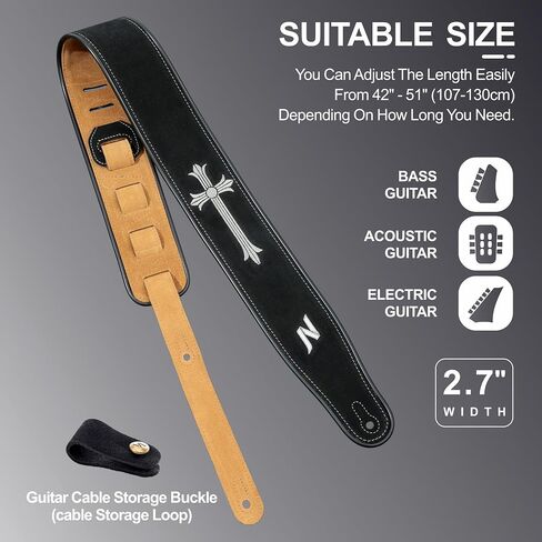 Nefelibata Guitar Strap with Vintage Rose Embroidery, 2.7" Wide Double Layer Bavarian Tumbled Cowhide Guitar Strap with Foam Padding for Kids, Male and Female Acoustic, Bass and Electric Guitars in Saudi Arabia