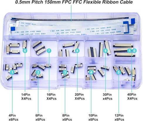 Flexible Flat Ribbon Cable Connectors Assortment Kit, 0.5mm A Type FFC FPC Connector Flat Cable Socket 4P 6P 8P 10P 12P 14P 16P 20P 30P 40P with Length of 150mm Cable (TC-0.5mm-A) in Kuwait