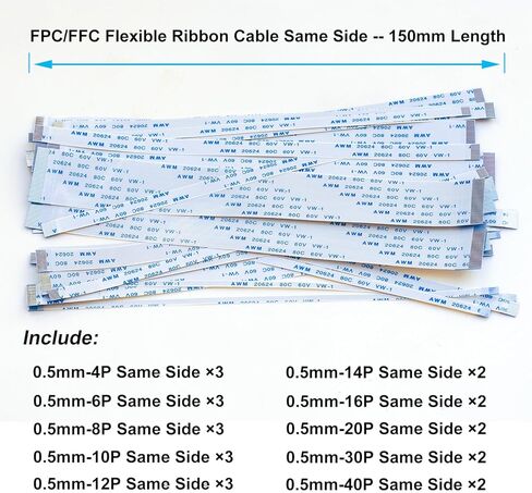 Flexible Flat Ribbon Cable Connectors Assortment Kit, 0.5mm A Type FFC FPC Connector Flat Cable Socket 4P 6P 8P 10P 12P 14P 16P 20P 30P 40P with Length of 150mm Cable (TC-0.5mm-A) in Kuwait