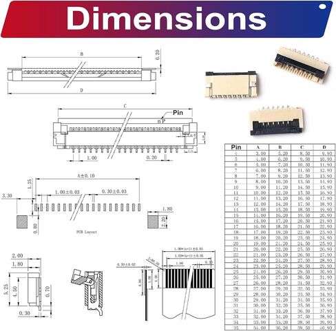 Flexible Flat Ribbon Cable Connectors Assortment Kit, 0.5mm A Type FFC FPC Connector Flat Cable Socket 4P 6P 8P 10P 12P 14P 16P 20P 30P 40P with Length of 150mm Cable (TC-0.5mm-A) in Kuwait