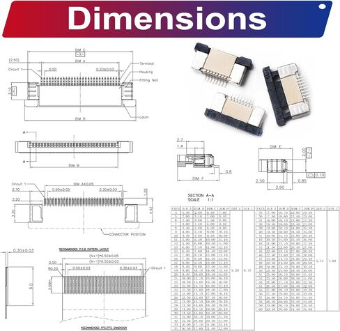 Flexible Flat Ribbon Cable Connectors Assortment Kit, 0.5mm A Type FFC FPC Connector Flat Cable Socket 4P 6P 8P 10P 12P 14P 16P 20P 30P 40P with Length of 150mm Cable (TC-0.5mm-A) in Kuwait