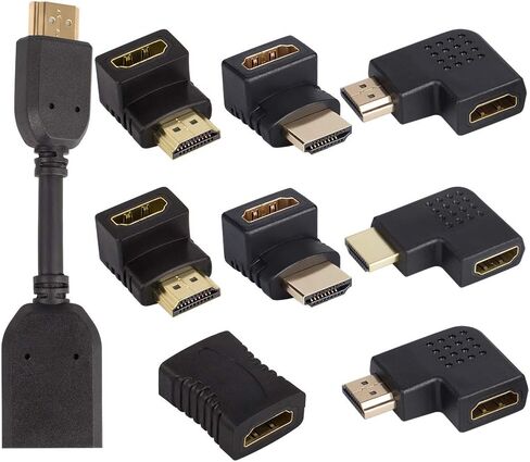 YuCool 9 حزمة محول HDMI بزاوية، 90 و270 درجة عمودي مسطح يسار ويمين 90 درجة ذكر إلى أنثى محول HDMI موسع ومحول أنثى إلى أنثى - مطلي بالذهب in Kuwait