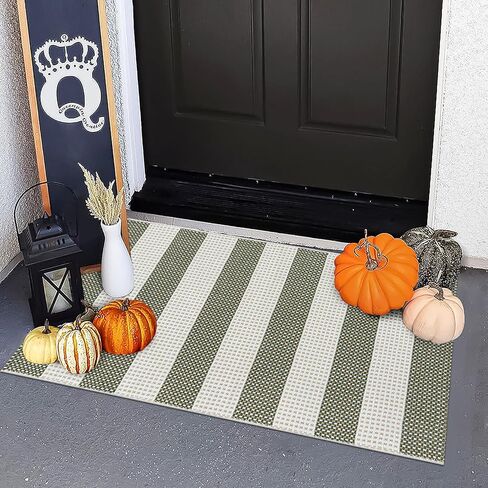 OJIA Fall Front Door Mat Outdoor Entrance 24"x 35", Machine Washable Porch Rug Indoor Outdoor Rugs Doormat Cotton Woven Entryway Rug Gray Striped Rug Small Area Rugs for Kitchen/Bathroom/Bedroom in Kuwait