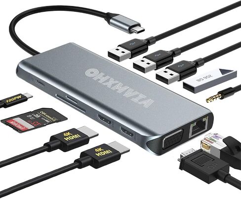 USB C Laptop Docking Station, 12-in-1 USB C Hub with Dual 4K HDMI, VGA, Gigabit Ethernet, 2 USB 3.0, 2 USB 2.0, 100W PD, SD/TF Card Reader, AUX, for Type-C Laptops in Saudi Arabia