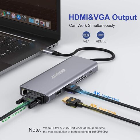 USB C Laptop Docking Station, 12-in-1 USB C Hub with Dual 4K HDMI, VGA, Gigabit Ethernet, 2 USB 3.0, 2 USB 2.0, 100W PD, SD/TF Card Reader, AUX, for Type-C Laptops in Saudi Arabia