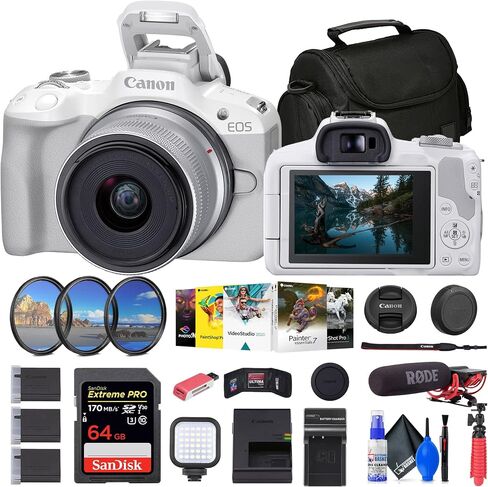 Canon EOS R50 Mirrorless Camera with 18-45mm Lens (White) (5812C012) + Rode VideoMic + 64GB Card + Filter Kit + Corel Photo Software + Bag + Charger + 2 x LPE17 Battery + Card Reader + More (Renewed) in Saudi Arabia