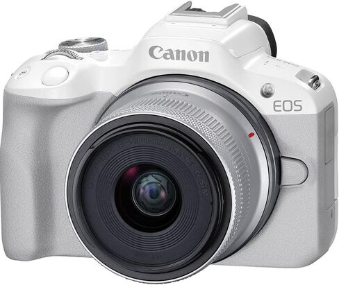 Canon EOS R50 Mirrorless Camera with 18-45mm Lens (White) (5812C012) + Rode VideoMic + 64GB Card + Filter Kit + Corel Photo Software + Bag + Charger + 2 x LPE17 Battery + Card Reader + More (Renewed) in Saudi Arabia