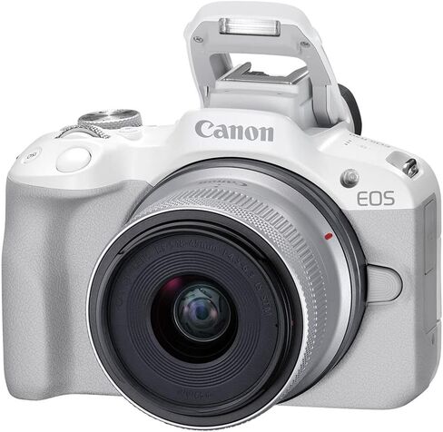 Canon EOS R50 Mirrorless Camera with 18-45mm Lens (White) (5812C012) + Rode VideoMic + 64GB Card + Filter Kit + Corel Photo Software + Bag + Charger + 2 x LPE17 Battery + Card Reader + More (Renewed) in Saudi Arabia