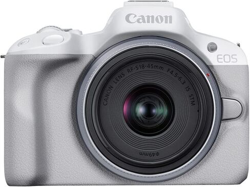 Canon EOS R50 Mirrorless Camera with 18-45mm Lens (White) (5812C012) + Rode VideoMic + 64GB Card + Filter Kit + Corel Photo Software + Bag + Charger + 2 x LPE17 Battery + Card Reader + More (Renewed) in Saudi Arabia