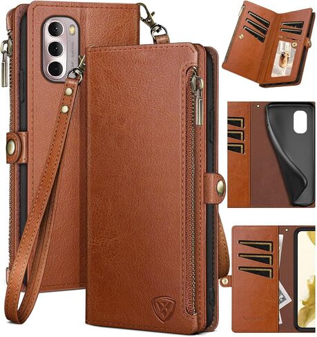 XcaseBar for Moto G Stylus 2022 5G Wallet case with Zipper Credit Card Holder【RFID Blocking】, Flip Folio Book PU Leather Phone case Shockproof Cover Women Men for Stylus2022 5G case Light Brown in Saudi Arabia